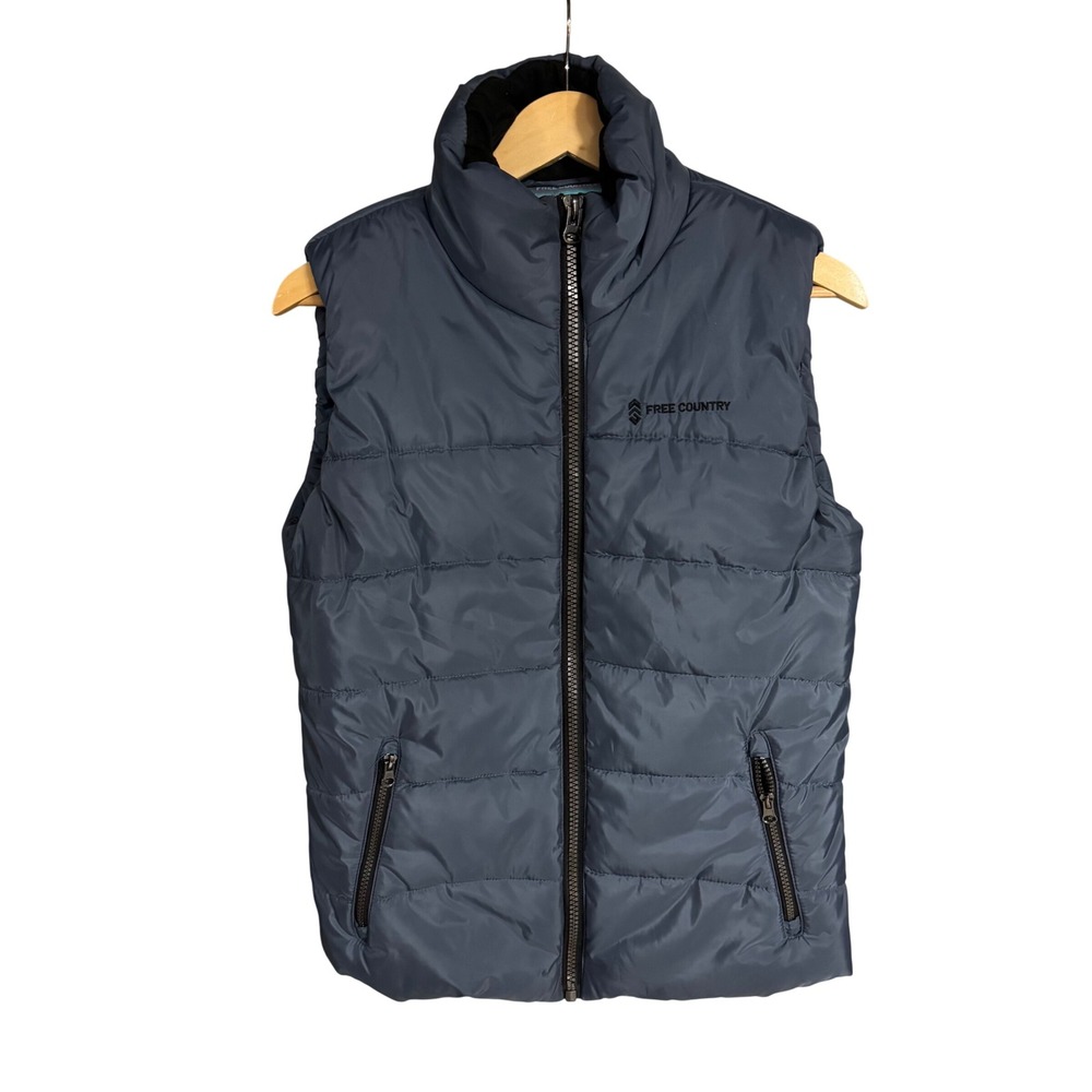 Free Country Mens Puffer Vest Blue Gray Medium Full Zip Quilted Pockets